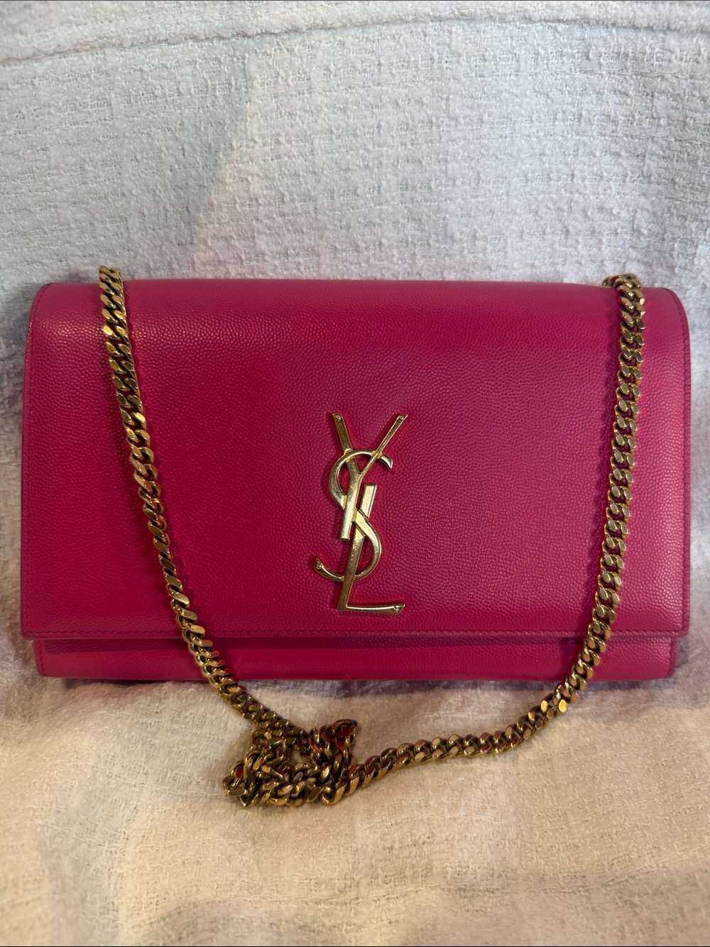 Saint Laurent Fuchsia Kate Leather Shoulder Bag with Gold Chain